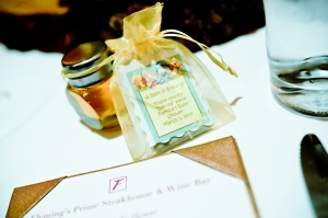 Custom menu with party favor. Jar of Honey and tea bag with greeting~ "A Baby is Brewing" Thank you for Bee-ing here!"